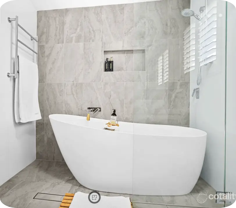 Baulkham Hills — finished upstairs bathroom with freestanding bath